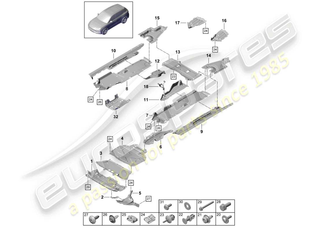 porsche 2024 (cayenne e3 9ya/9yb) trim underbody trim part diagram