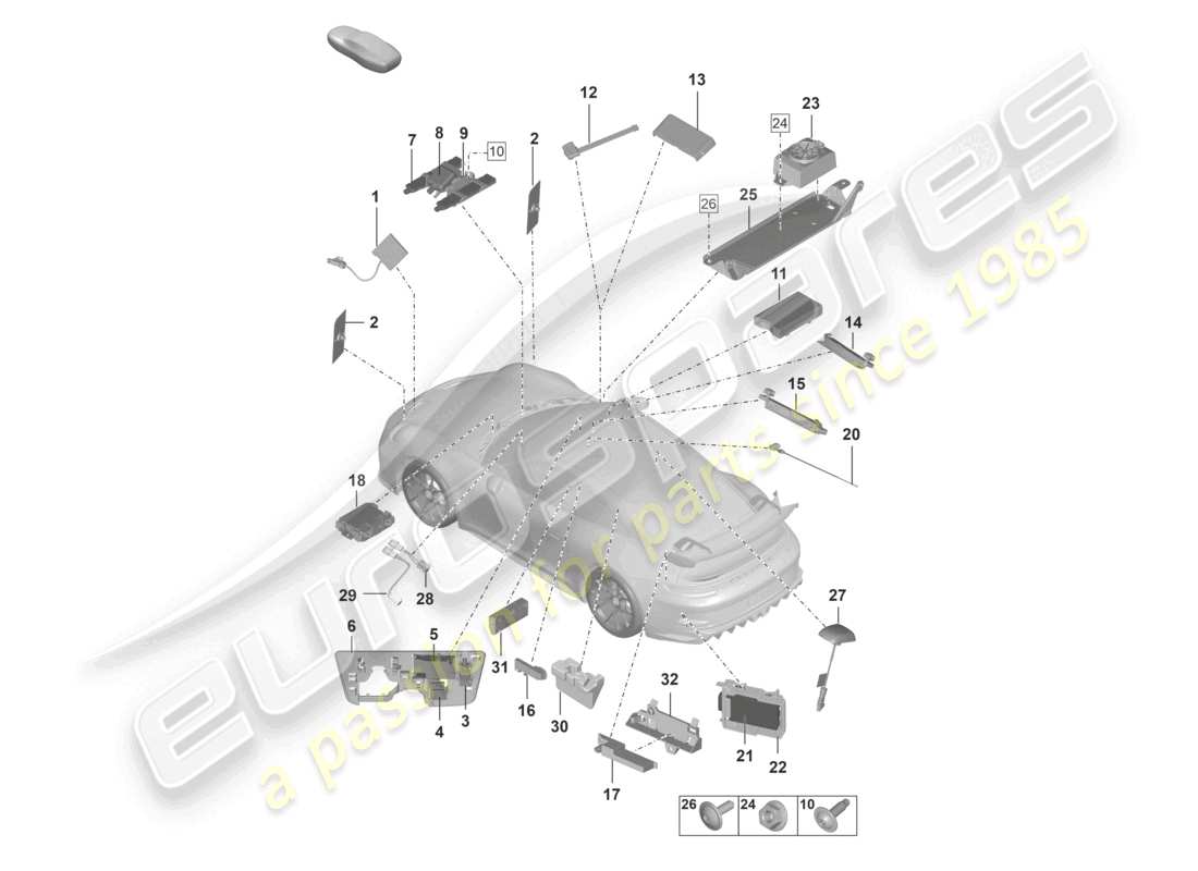 porsche 2026 (992-2 gt3/rs/st) aerial aerial amplifier emergency call loudspeaker chip card reader for road toll system connection for usb and aux-in part diagram