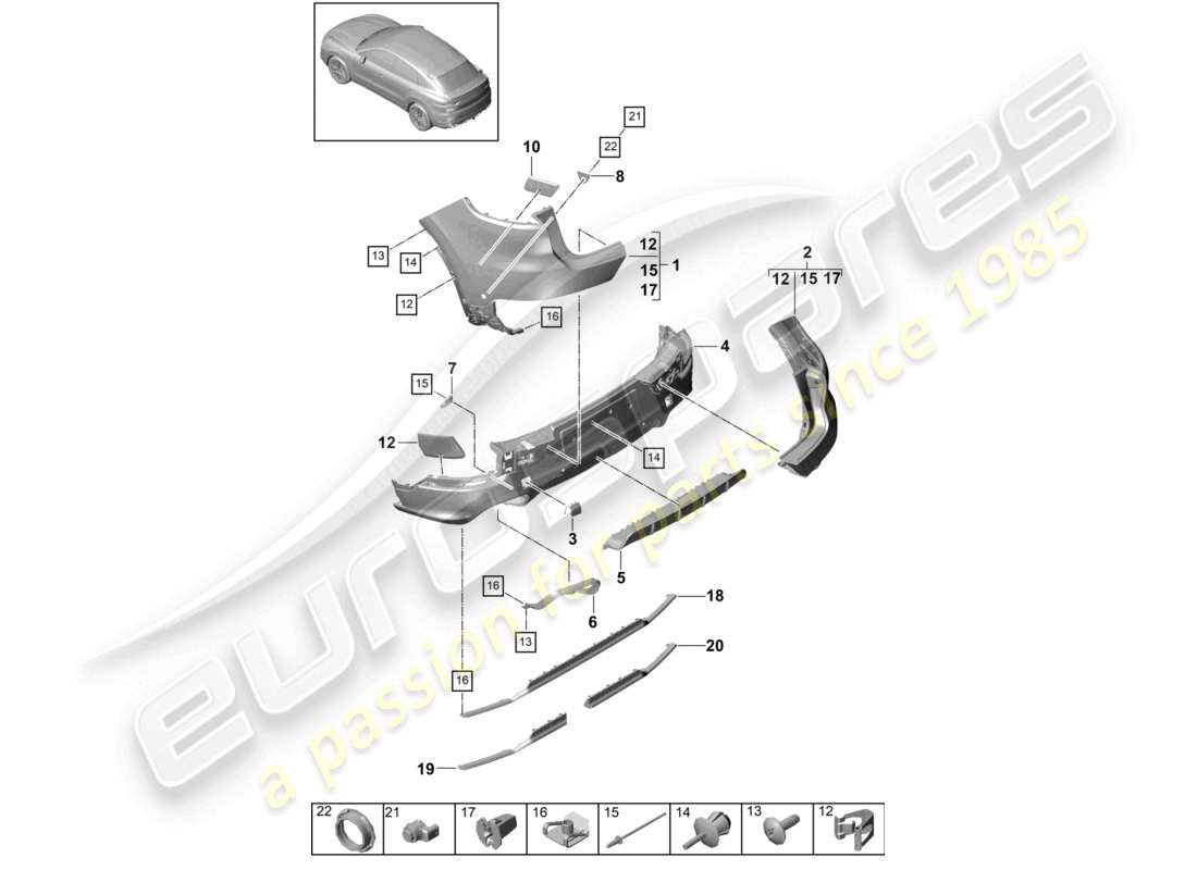 porsche 2022 (cayenne e3 9ya/9yb) bumper rear coupe sport design package (carbon version) part diagram