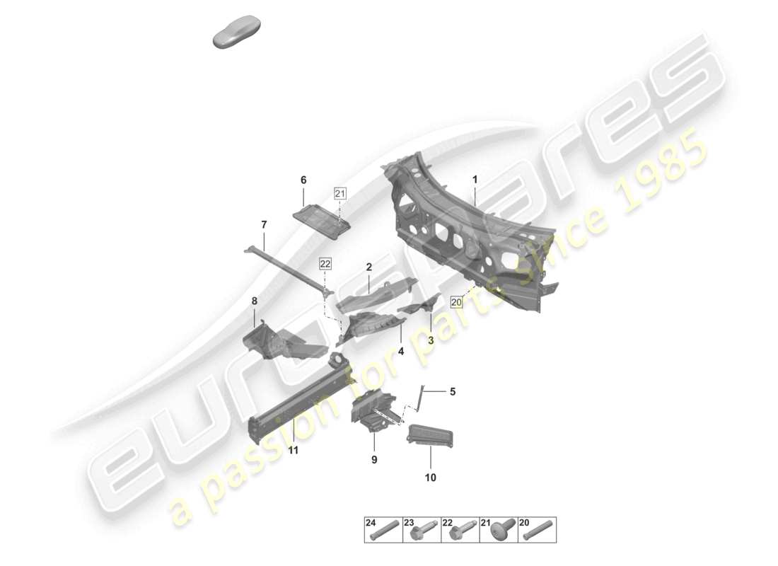 porsche 2023 (992-1) front end individual parts firewall side member parts diagram
