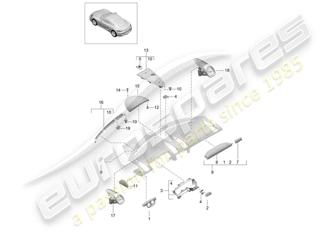 porsche 2025 (718 cayman) accessories instrument panel trim upper part part diagram