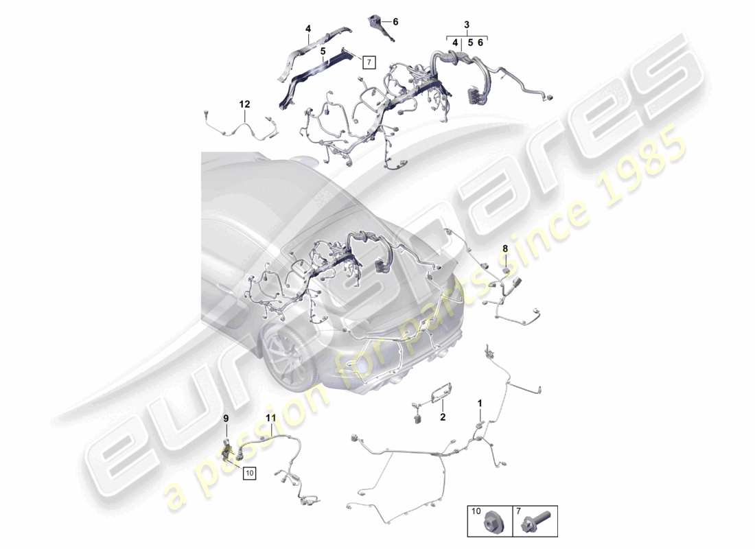 porsche 2021 (718 boxster spyder) wiring looms rear trim engine gearbox rear axle part diagram