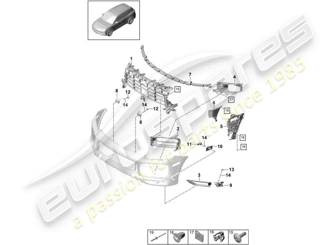 porsche 2024 (cayenne e3 9ya/9yb) bumper front individual parts turbo and fasteners sport design package part diagram