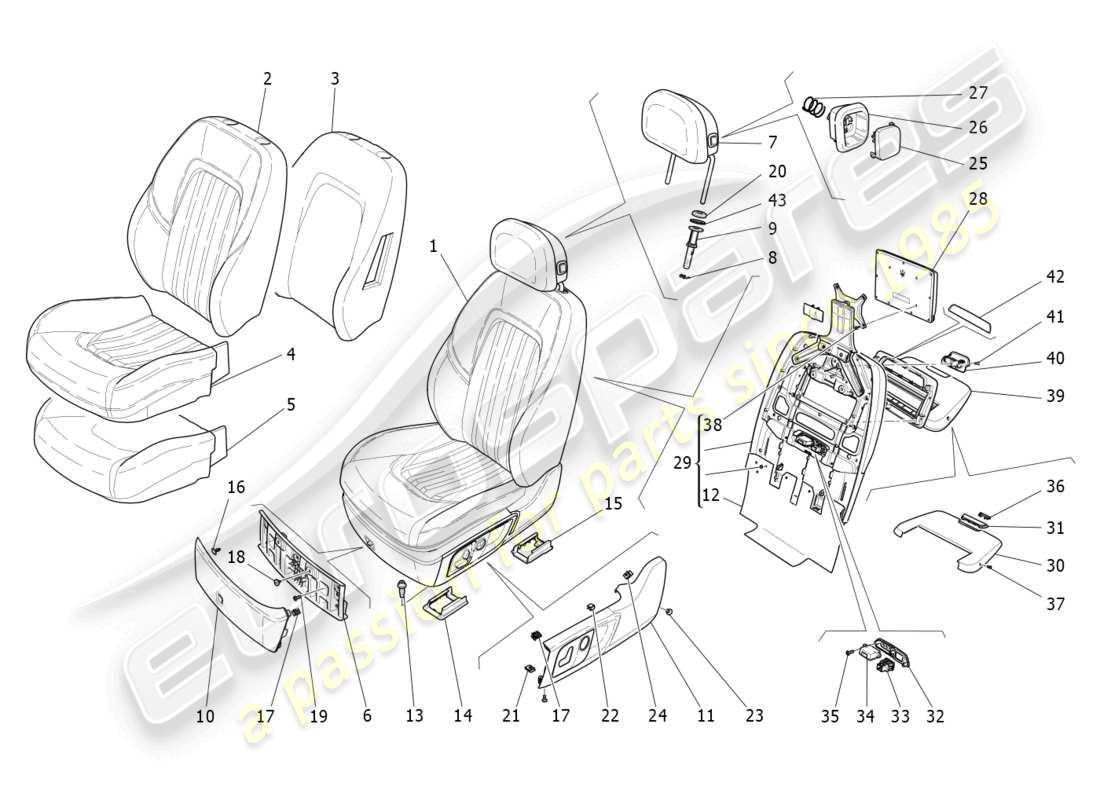 maserati quattroporte (2018) front seats: trim panels parts diagram