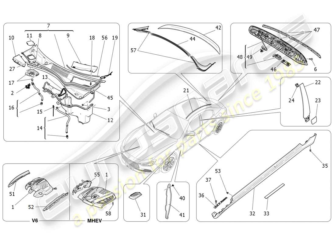 maserati ghibli (2018) shields, trims and covering panels part diagram