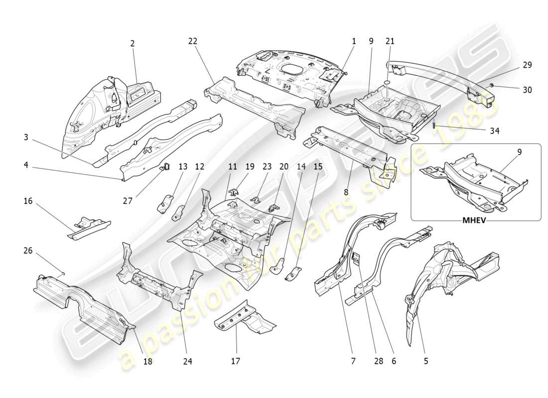 maserati ghibli (2018) rear structural frames and sheet panels part diagram