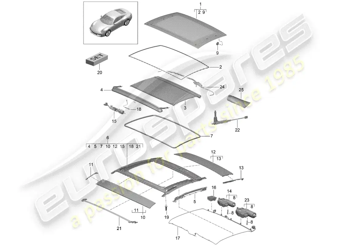 porsche 2014 (991-1) glass roof parts diagram