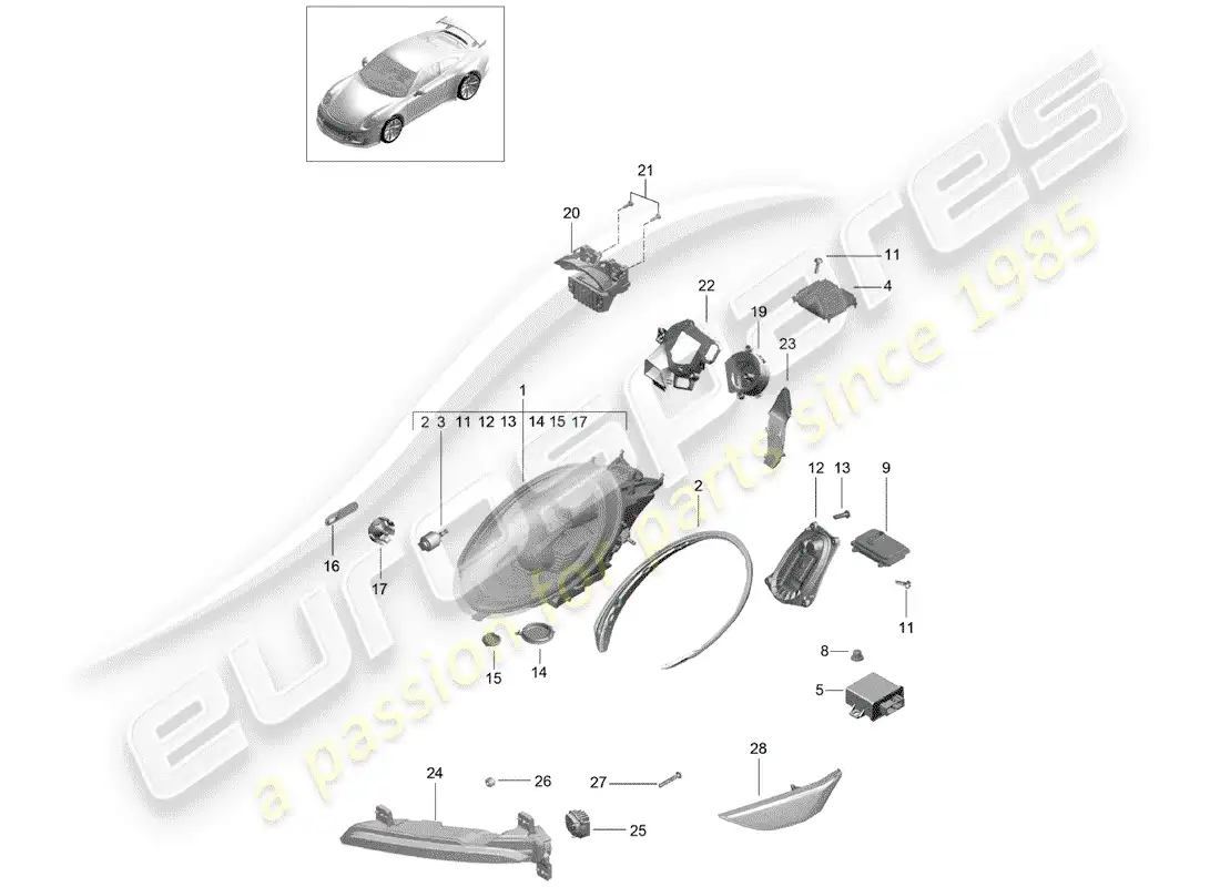 porsche 2020 (991-2 r/gt3/rs) headlamp parts diagram