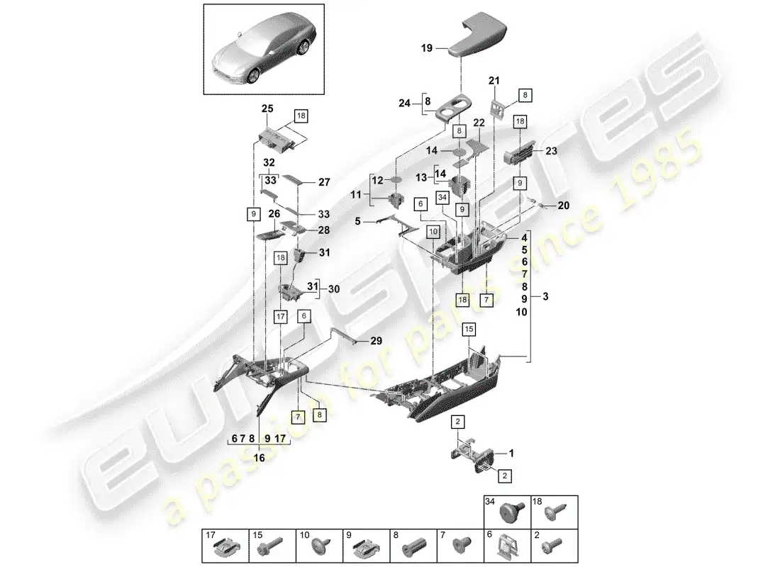 porsche 2017 (panamera 971-1) center console parts diagram