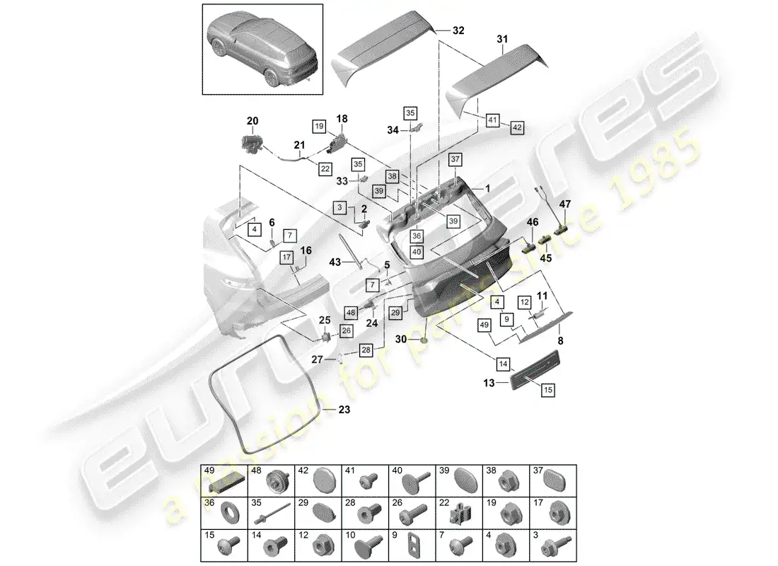 porsche 2019 (cayenne e3 9ya/9yb) rear trunk lid parts diagram
