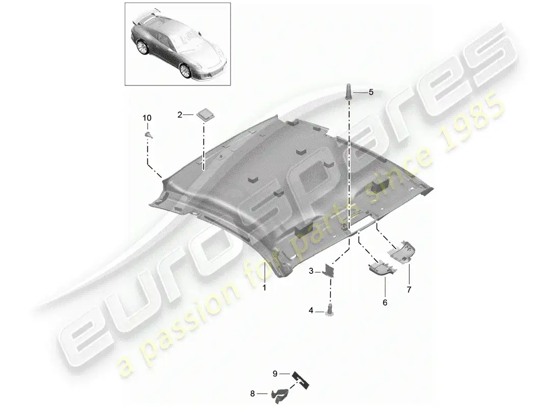 porsche 2016 (991-1 r/gt3/rs) roof trim panel parts diagram
