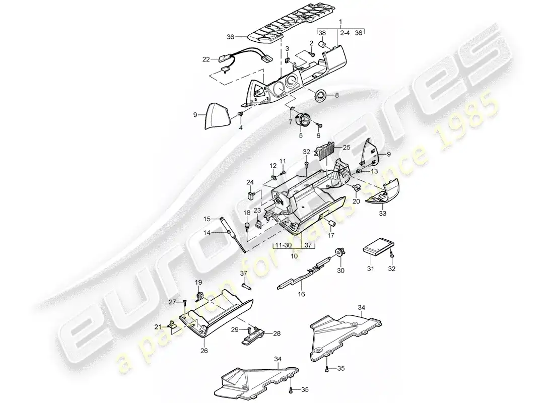 porsche 2009 997-2 turbo / gt2 glove box parts diagram