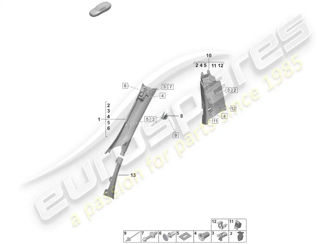 porsche 2020 (992-1) lining, pillar a parts diagram
