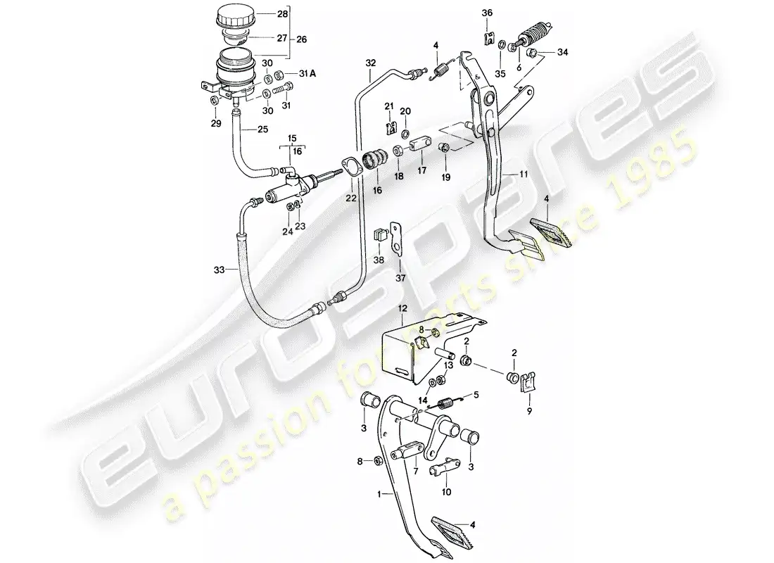 porsche 1988 (924s) brake - clutch - pedals parts diagram