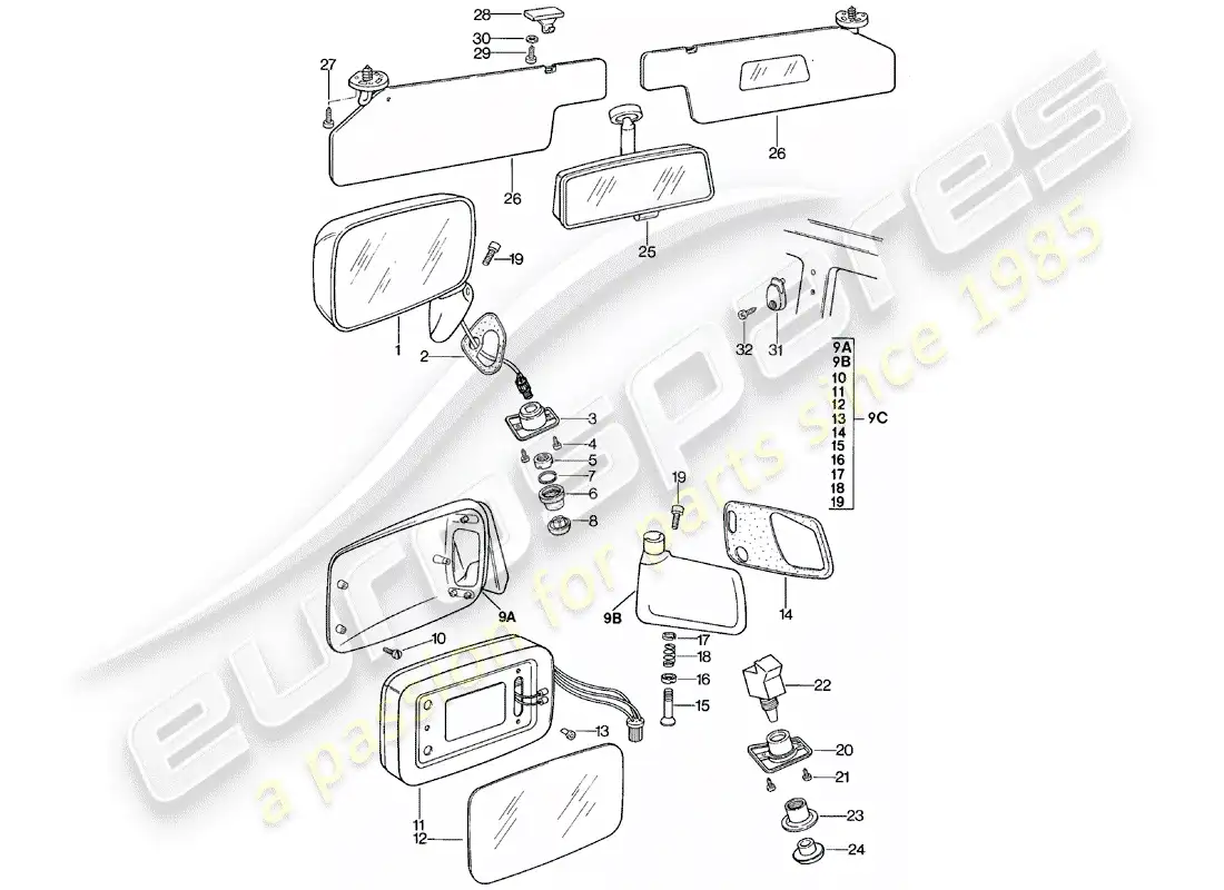 porsche 1981 (924) rear view mirror - rear view mirror inner - sun vizor parts diagram