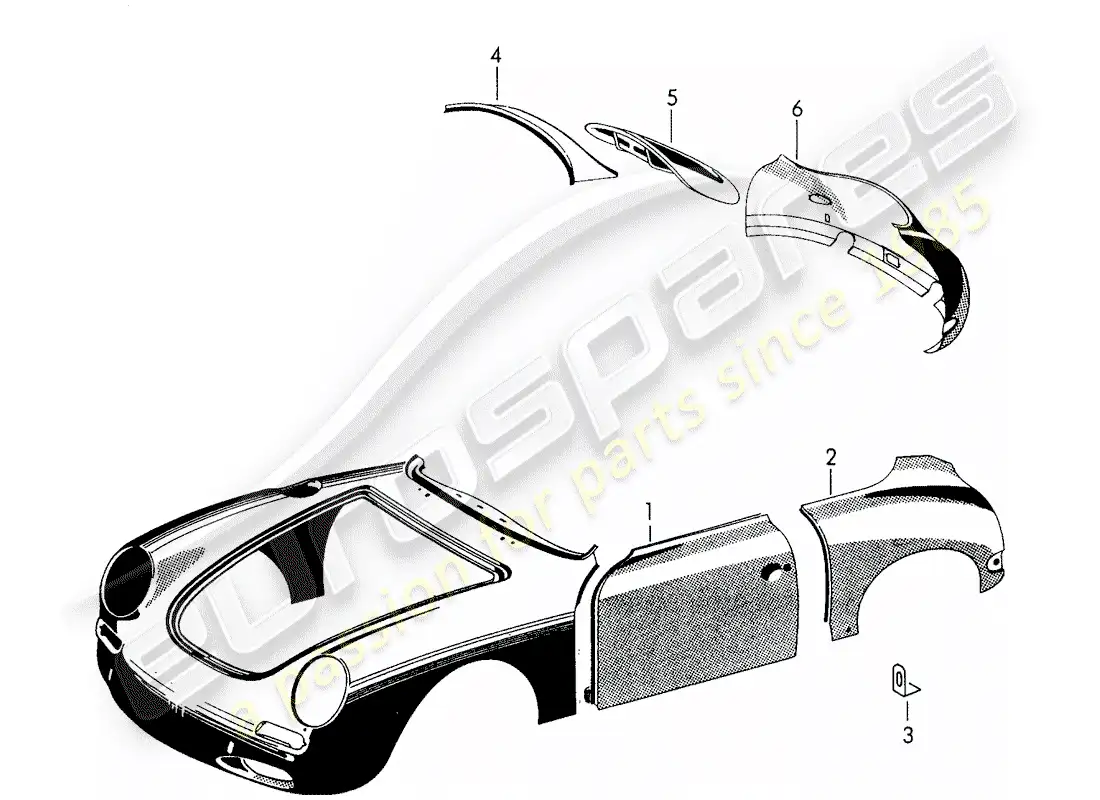 porsche 1958 (356/356a) exterior panelling - fender parts diagram