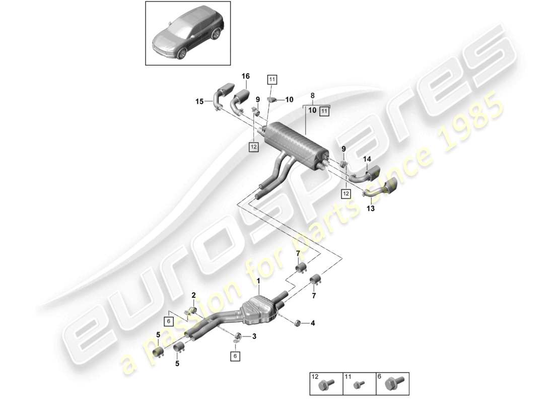 porsche 2022 (cayenne e3 9ya/9yb) exhaust system front silencer rear silencer tailpipe part diagram