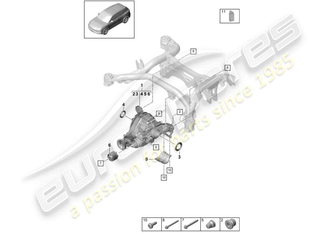 porsche 2022 (cayenne e3 9ya/9yb) rear axle differential for models with no differen- tial lock part diagram
