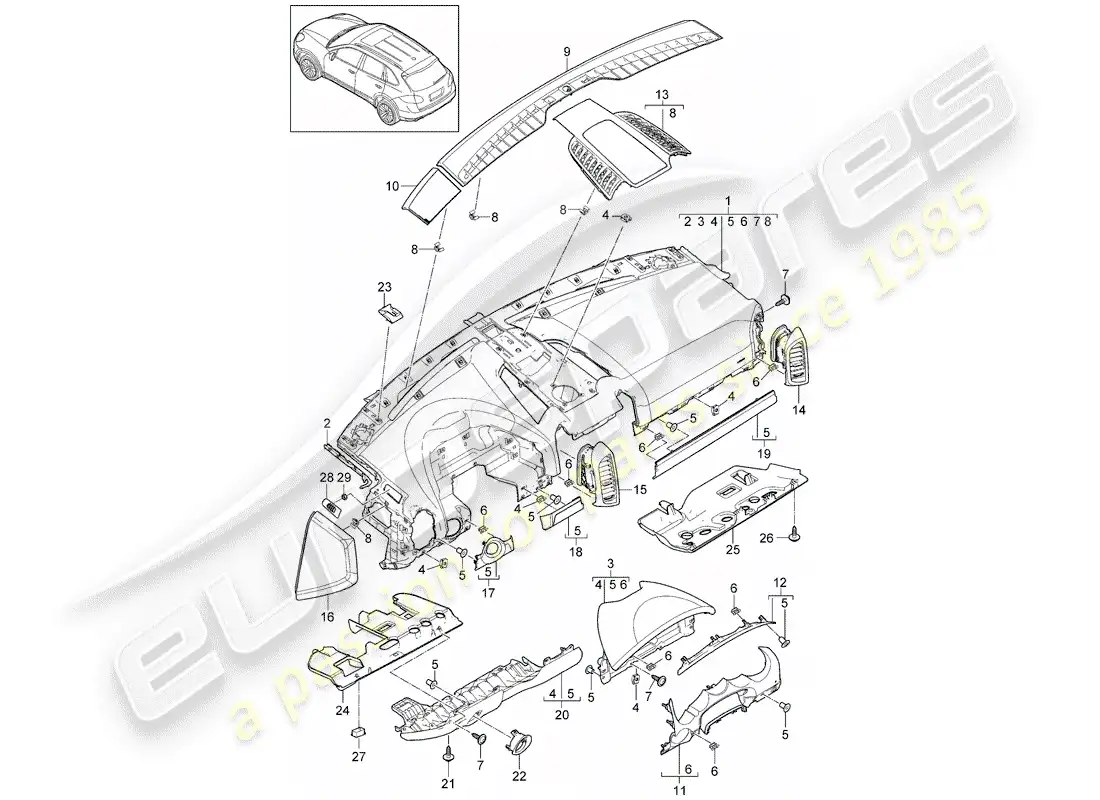 porsche 2016 (cayenne e2 92a) dash panel trim parts diagram