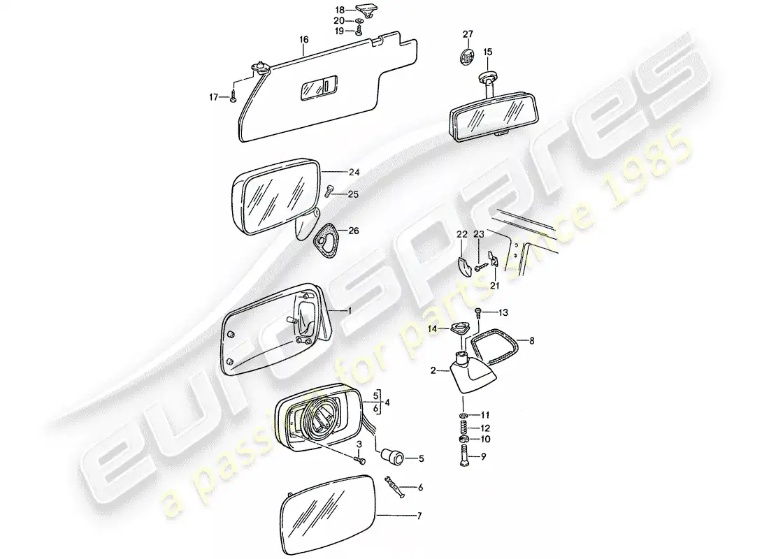 porsche 1991 (944) sun vizor - rear view mirror - rear view mirror inner parts diagram