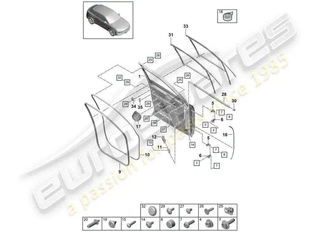 porsche 2018 (cayenne e3 9ya/9yb) door shell parts diagram
