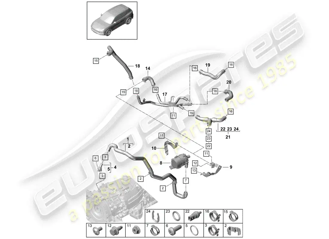porsche 2019 (cayenne e3 9ya/9yb) water cooling parts diagram
