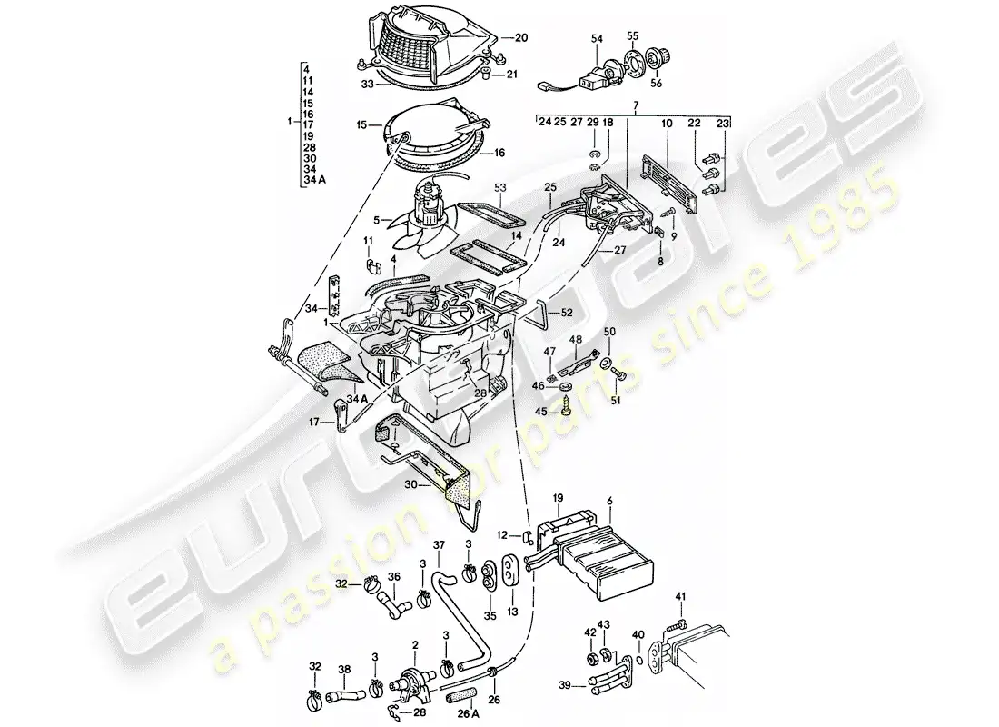 porsche 1977 (924) heater - ventilation - heater core parts diagram