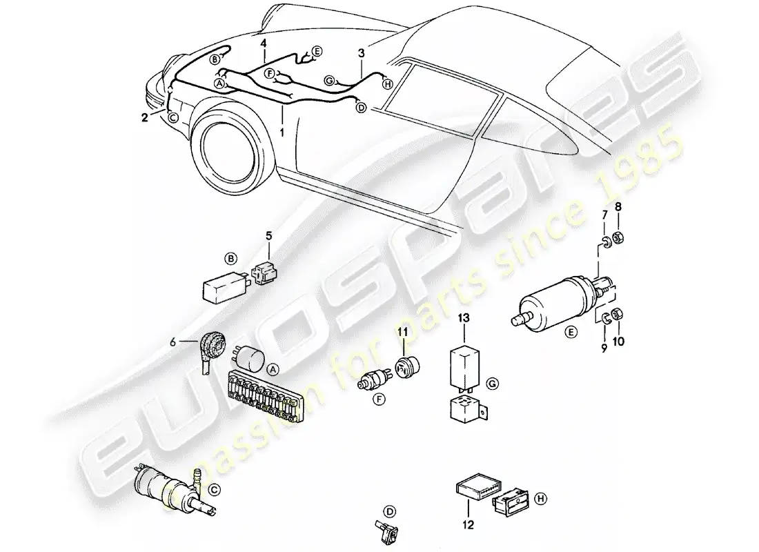 porsche 1981 (911) wiring harnesses - headlight washer system - warning light - fuel pump parts diagram