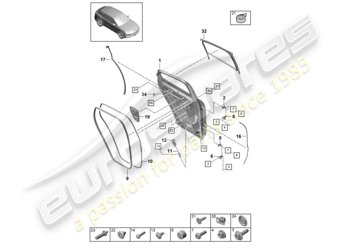 porsche 2021 (cayenne e3 9ya/9yb) door shell rear seal coupe part diagram