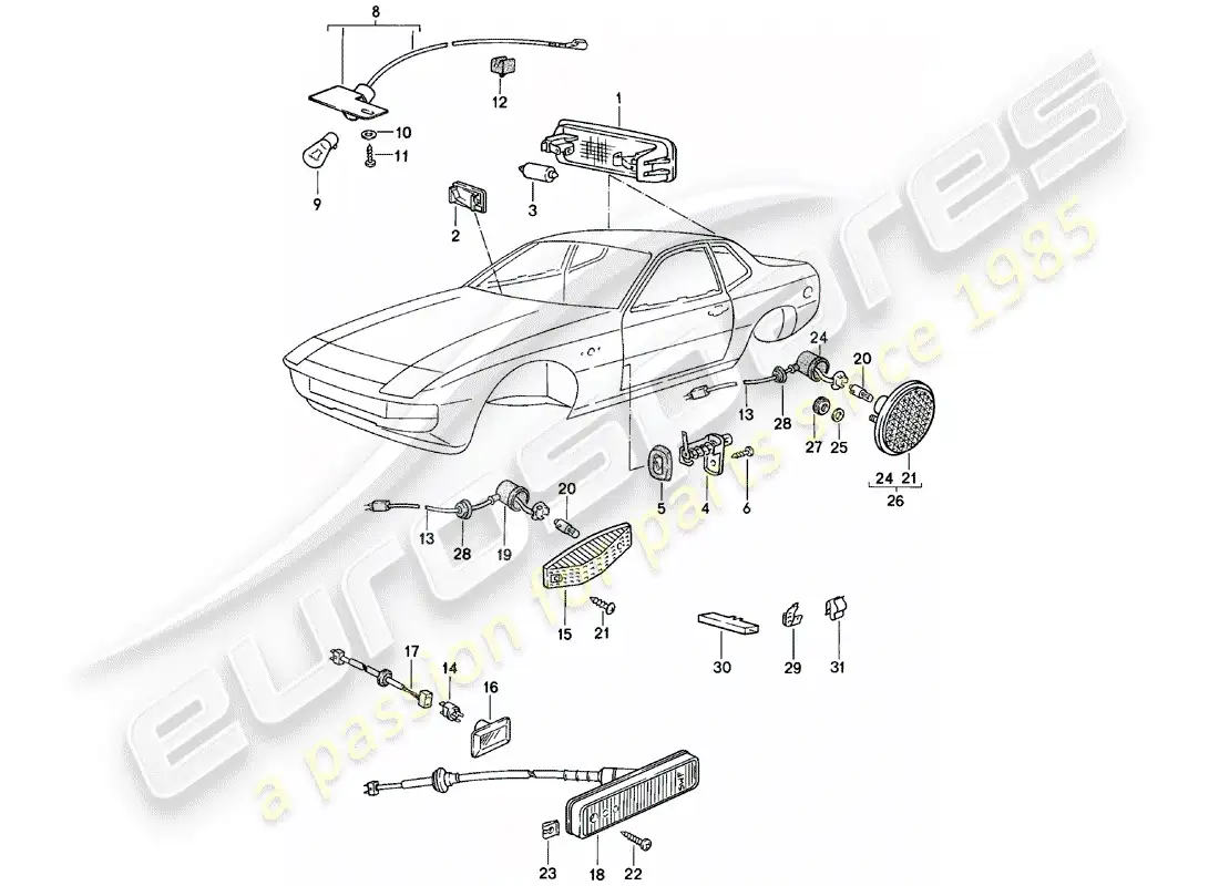 porsche 1980 (924) interior light - turn signal repeater parts diagram
