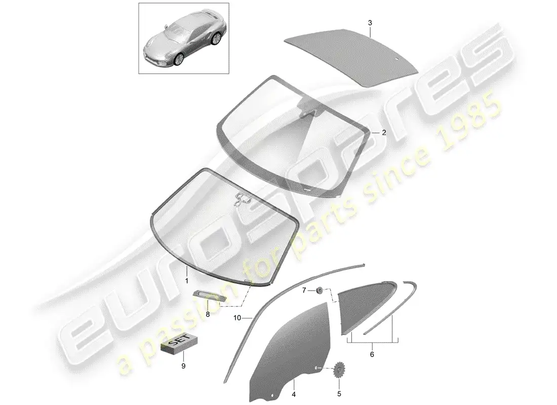 porsche 2014 (991-1 turbo) windshield glass parts diagram
