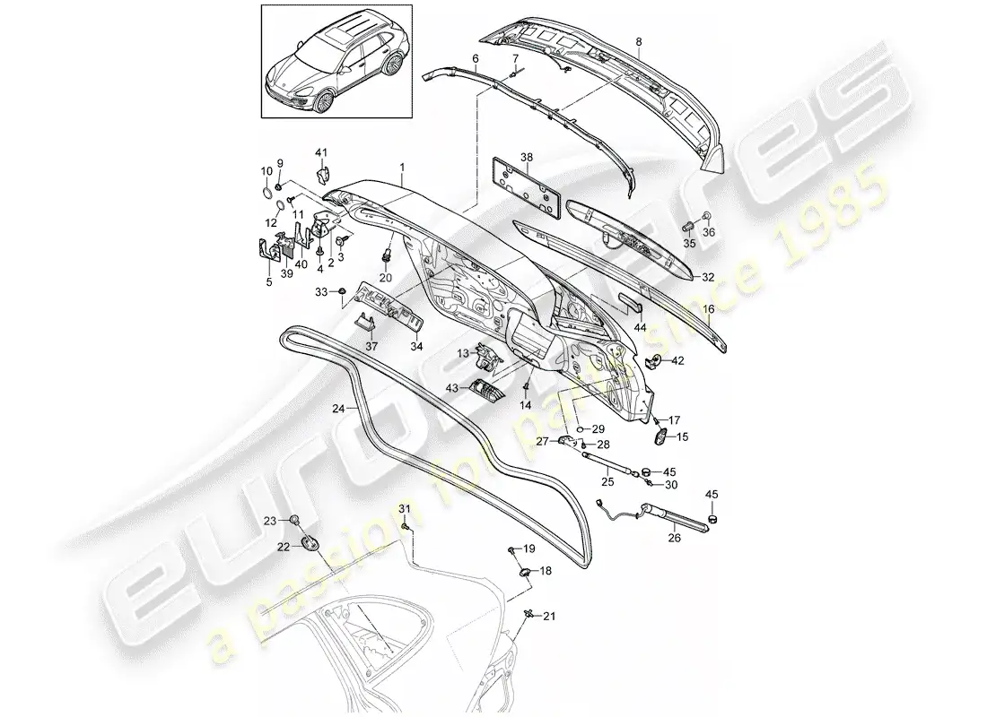 porsche 2012 (cayenne e2 92a) rear trunk lid parts diagram