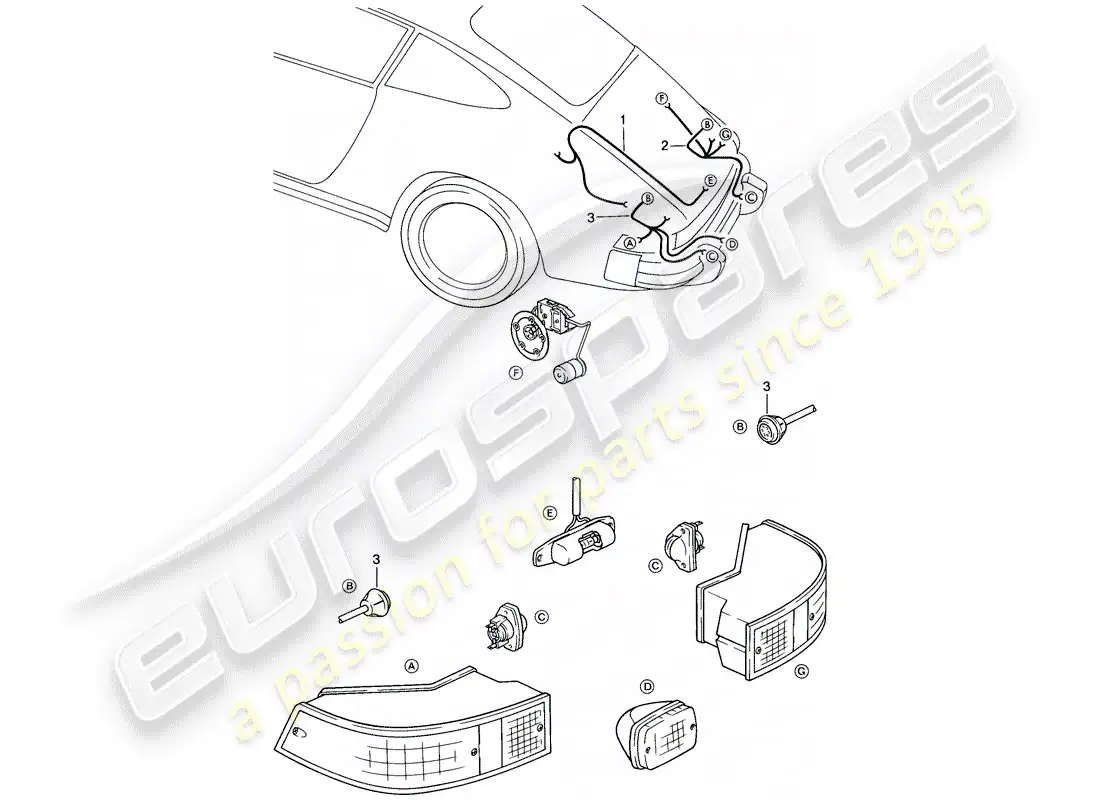 porsche 1985 (911) wiring harnesses - engine compartment light - rear light parts diagram
