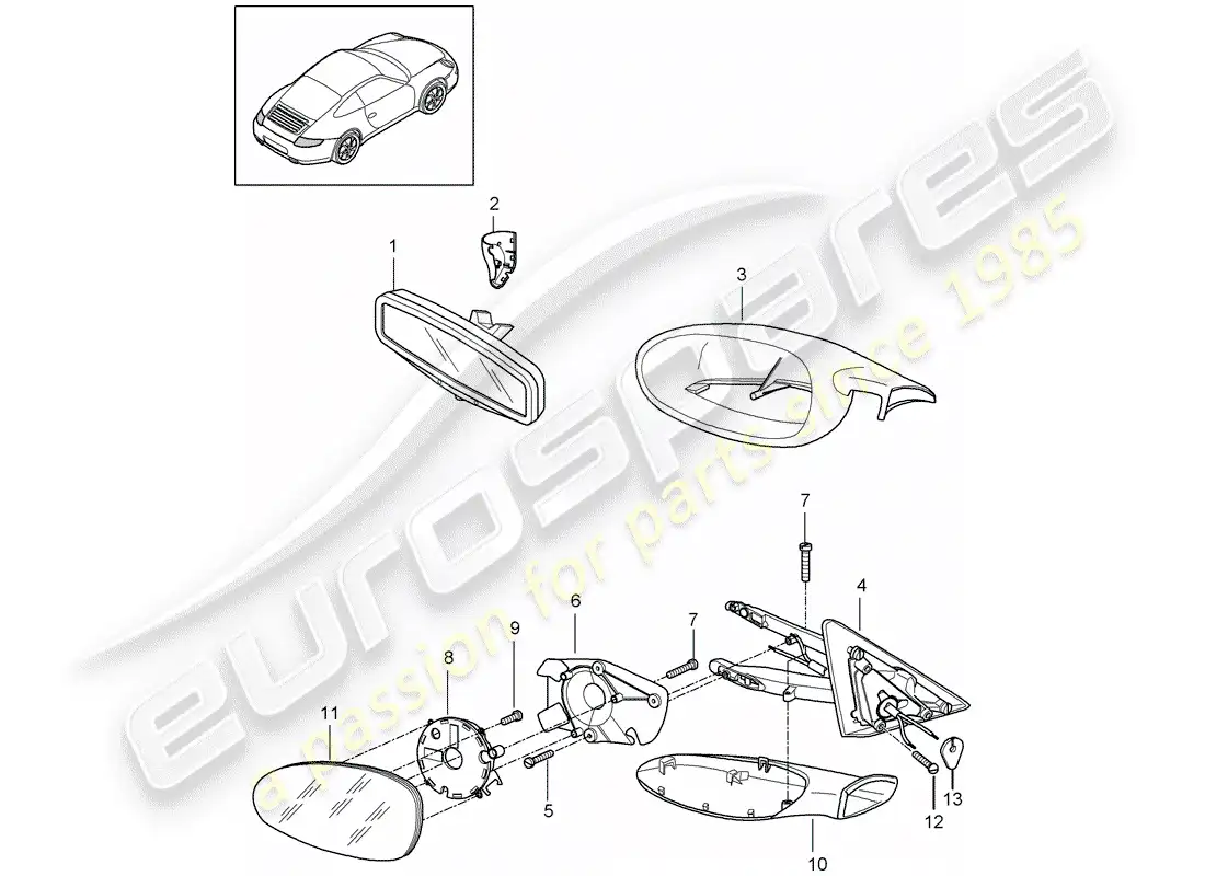 porsche 2012 (997-2) rear view mirror inner parts diagram