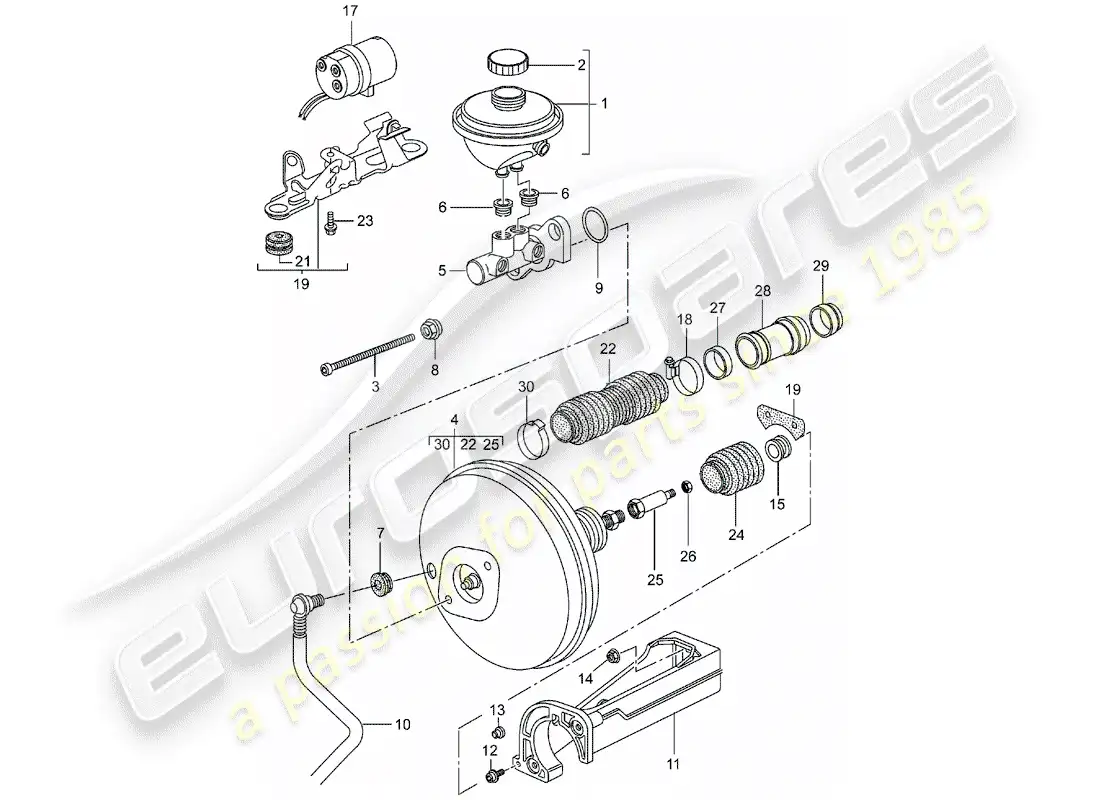 porsche 1999 (986 boxster) brake master cylinder - brake booster - clutch pump parts diagram