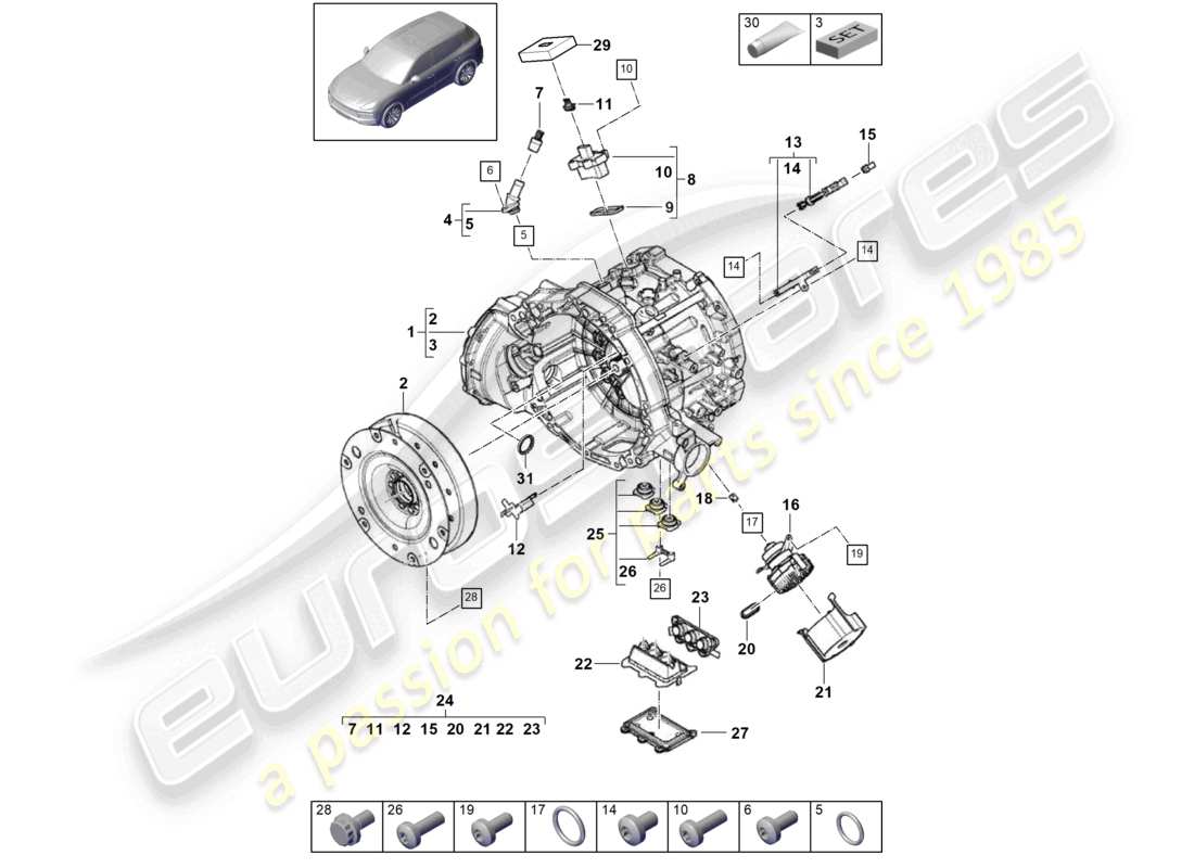 porsche 2023 (cayenne e3 9ya/9yb) traction motor for elec. drive for vehicles with hybrid drive part diagram