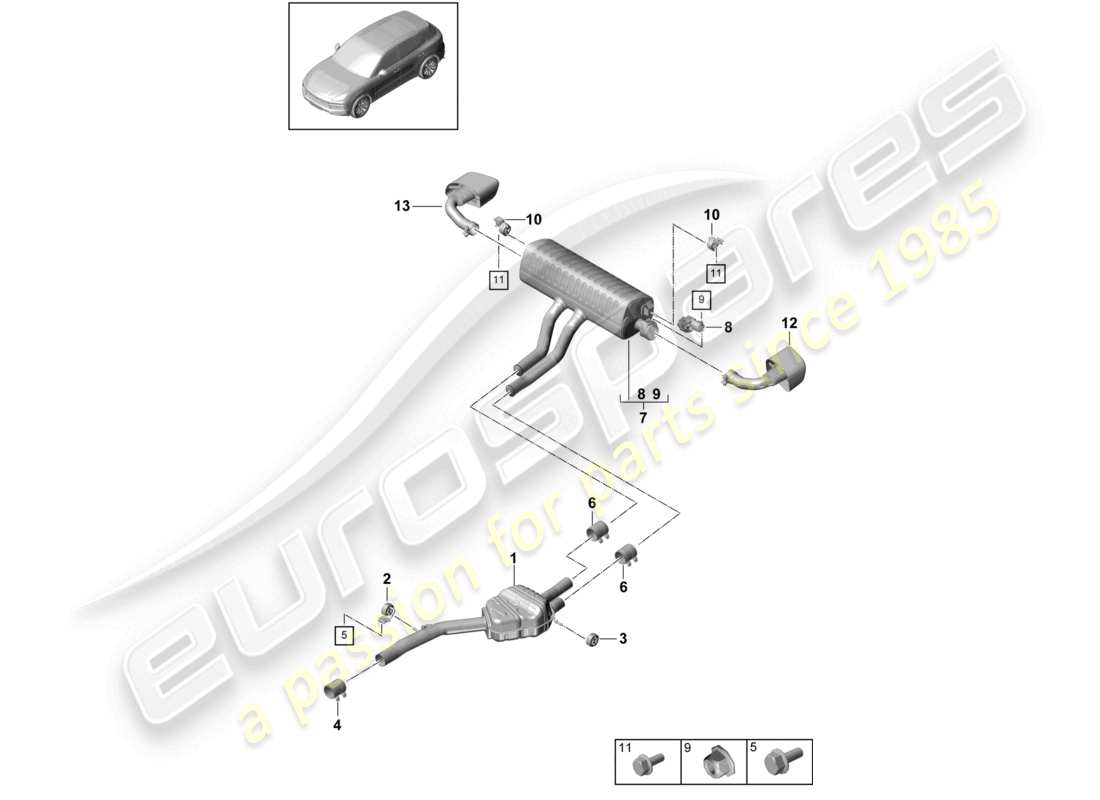 porsche 2022 (cayenne e3 9ya/9yb) exhaust system front silencer rear silencer tailpipe part diagram