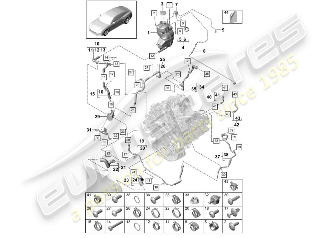 porsche 2021 (panamera 971-1) coolant cooling system coolant expansion tank breather line for models with supplementary heater part diagram