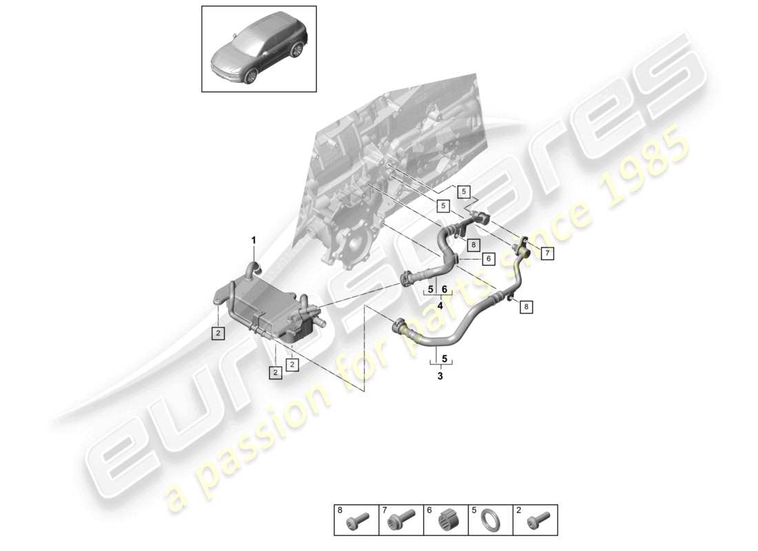 porsche 2023 (cayenne e3 9ya/9yb) 8-speed automatic gearbox for four-wheel drive gear oil cooler oil pipe part diagram