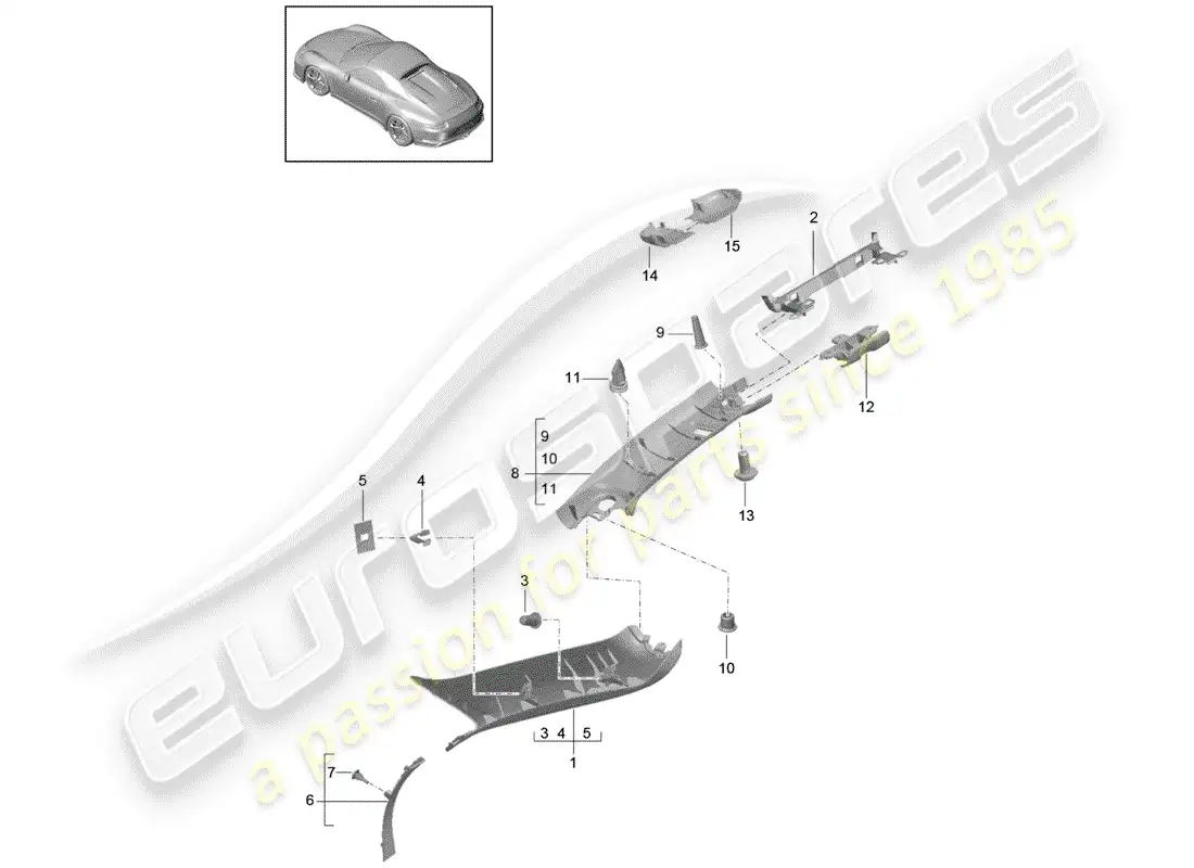 porsche 2016 (991-1 r/gt3/rs) a-pillar parts diagram