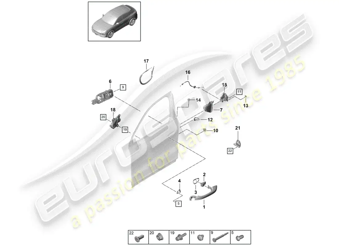 porsche 2018 (cayenne e3 9ya/9yb) door handle, outer parts diagram