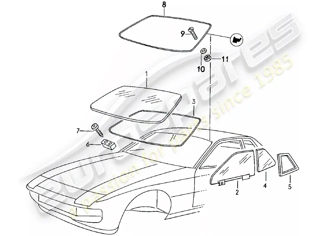 porsche 1981 (924) window glazing parts diagram