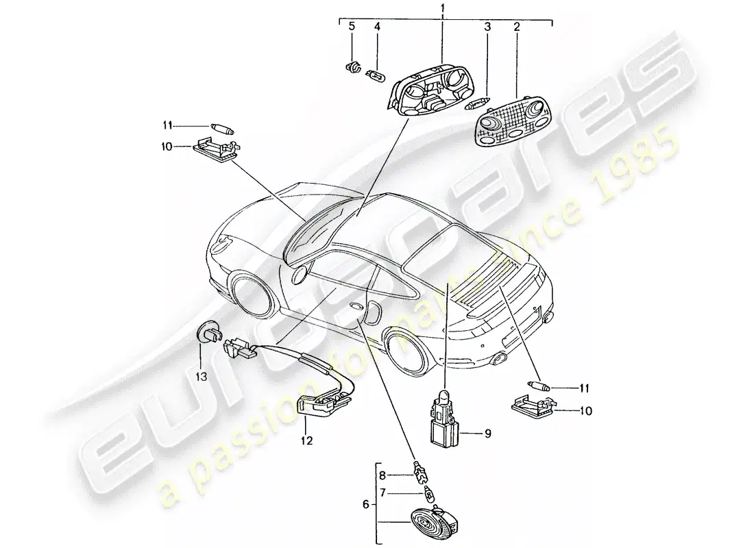 porsche 2003 (996 turbo / gt2) interior light - luggage compartment lamp - engine compartment light - footwell light - glove box light - door handle ilumination - interior release parts diagram