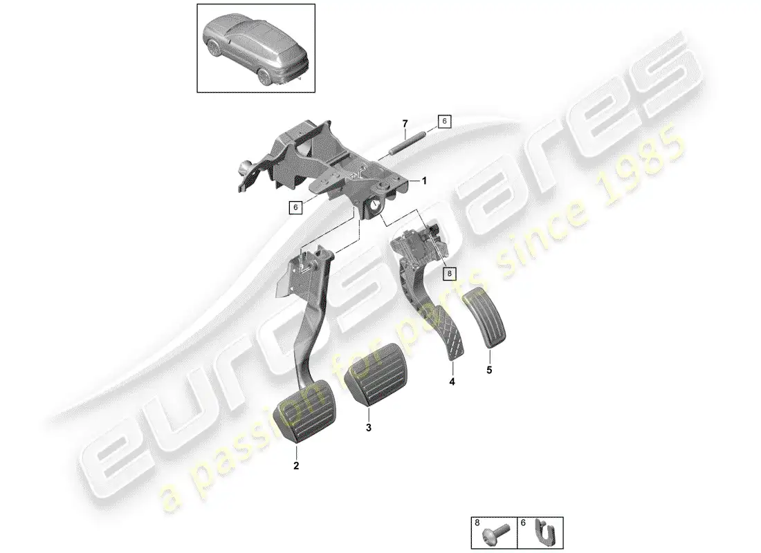 porsche 2020 (cayenne e3 9ya/9yb) brake and acc. pedal assembly part diagram