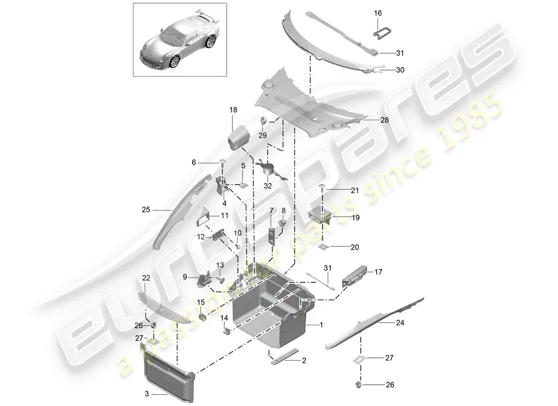 porsche 2018 (991-2 r/gt3/rs) boot lining parts diagram