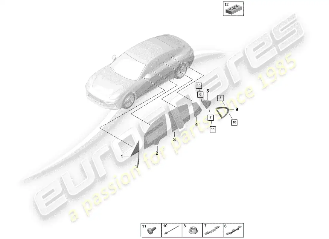 porsche 2017 (panamera 971-1) door and side window part diagram