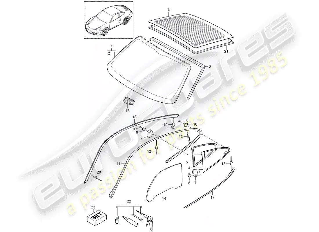 porsche 2009 (997-2) window glazing parts diagram
