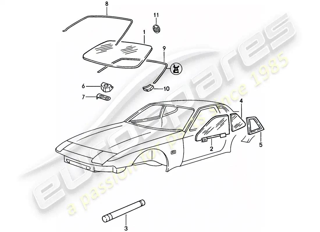 porsche 1987 (944) window glazing parts diagram
