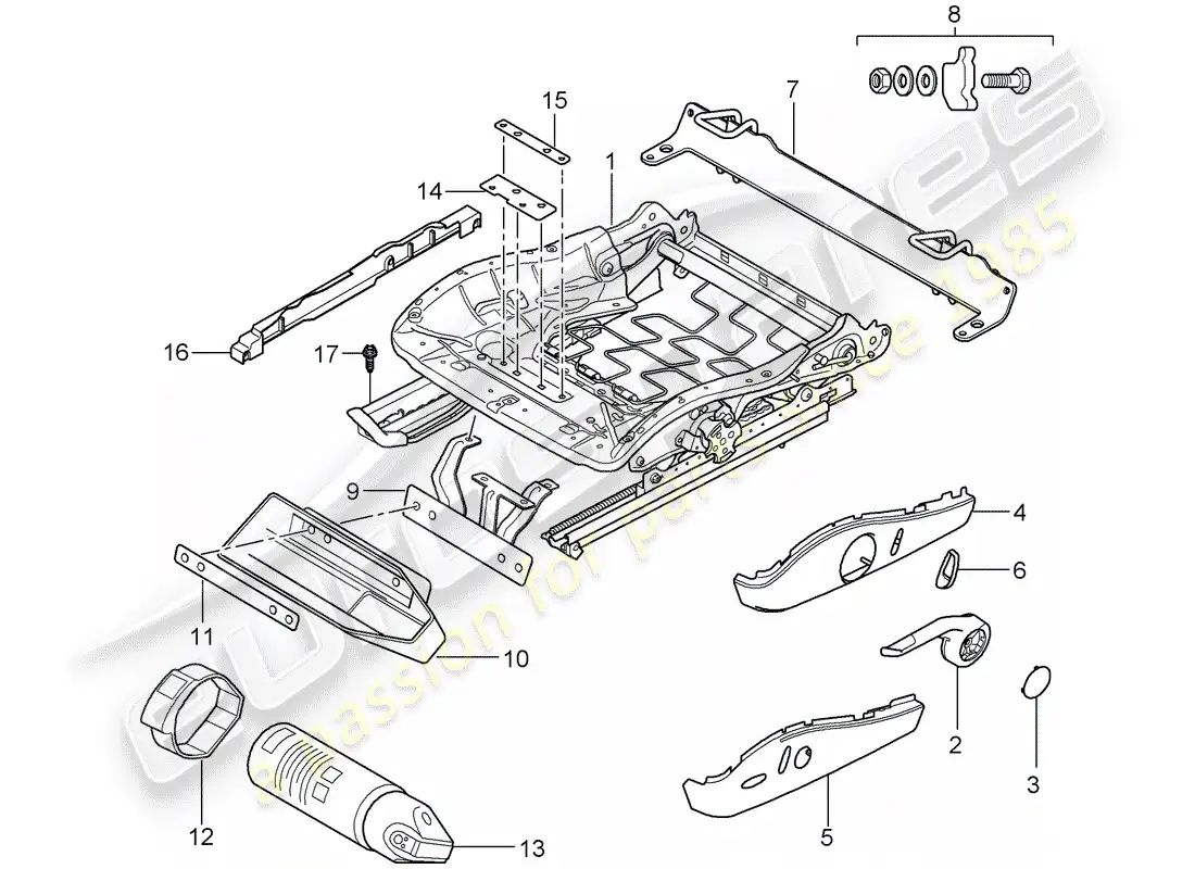 porsche 2007 (997-1 turbo / gt2) seat frame parts diagram