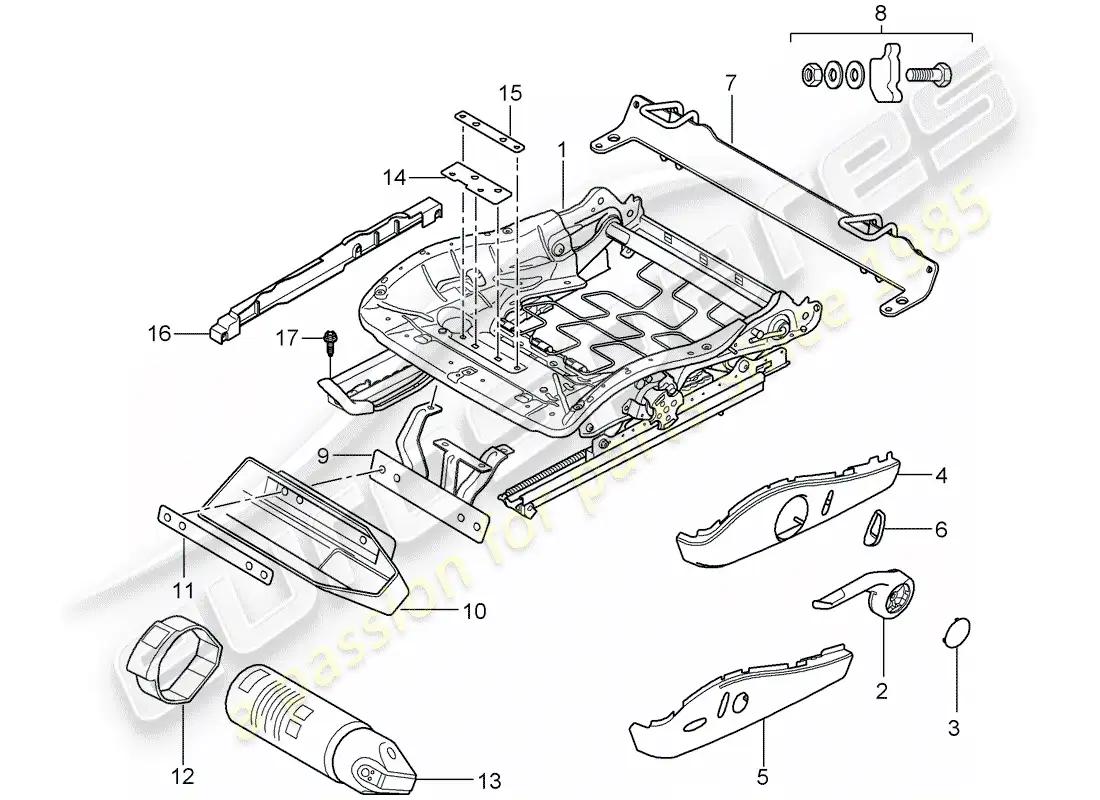 porsche 2007 (997-1 gt3) seat frame parts diagram